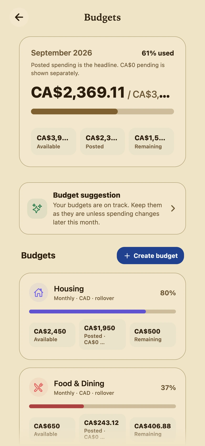 Fin budgets screen