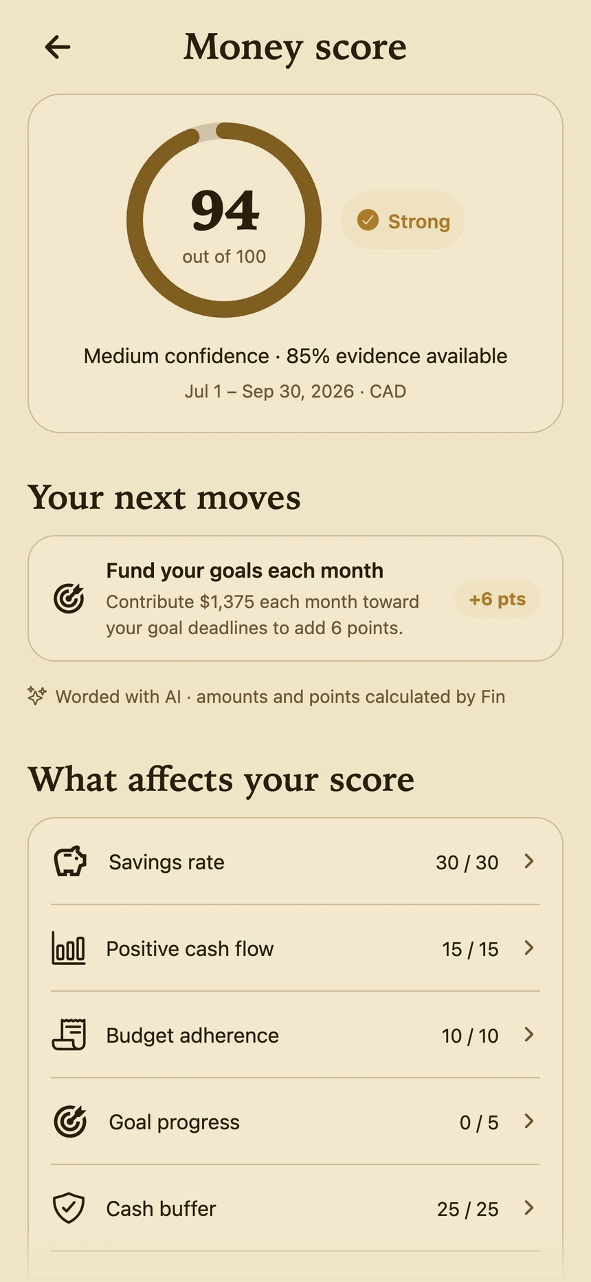 Fin Money Score screen